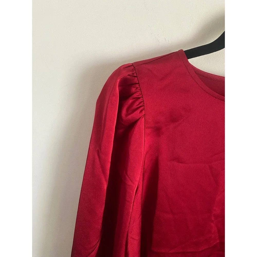LOFT Womens Red Satin Puff Sleeve Blouse XS Long Sleeve Keyhole Back Top